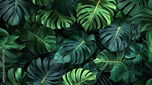 A vibrant arrangement of tropical leaves showcasing various shades of green.