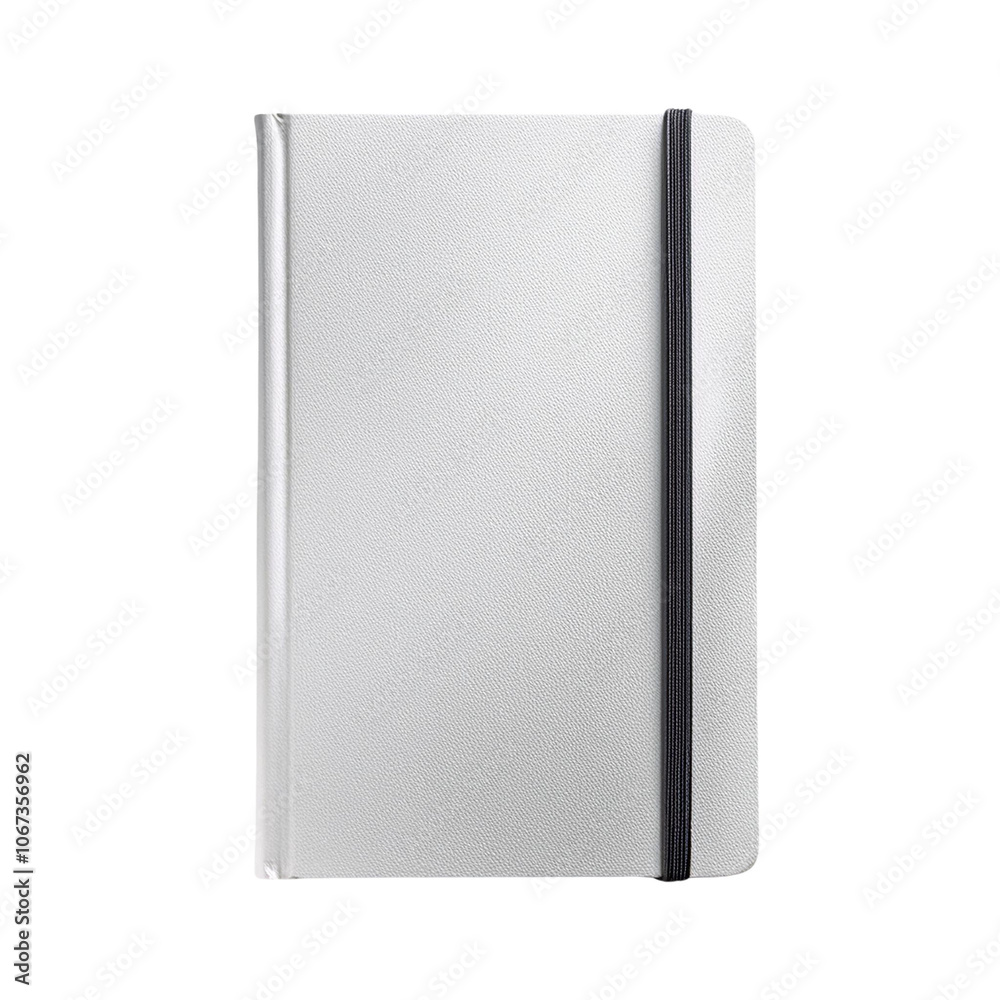 Silver notebook with elastic band, white isolate background transparent Silver notebook with elastic band, white isolate background transparent