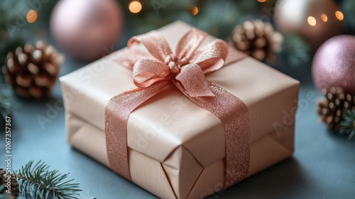 This elegant gift features a rose gold ribbon and is surrounded by pine cones and shimmering decorations, creating a cozy holiday atmosphere
