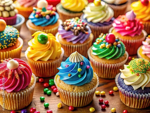 Delicious panoramic cupcakes: Icing and sprinkles create a delightful view.