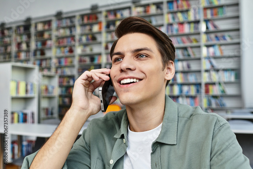 A focused student smiles on the phone, immersed in his studies in a vibrant library.