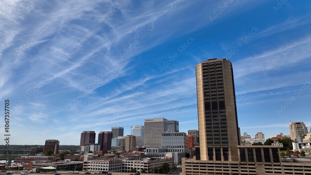 Fototapeta premium Beautiful Aerial Richmond, VA city skyline with interstate travel office towers 