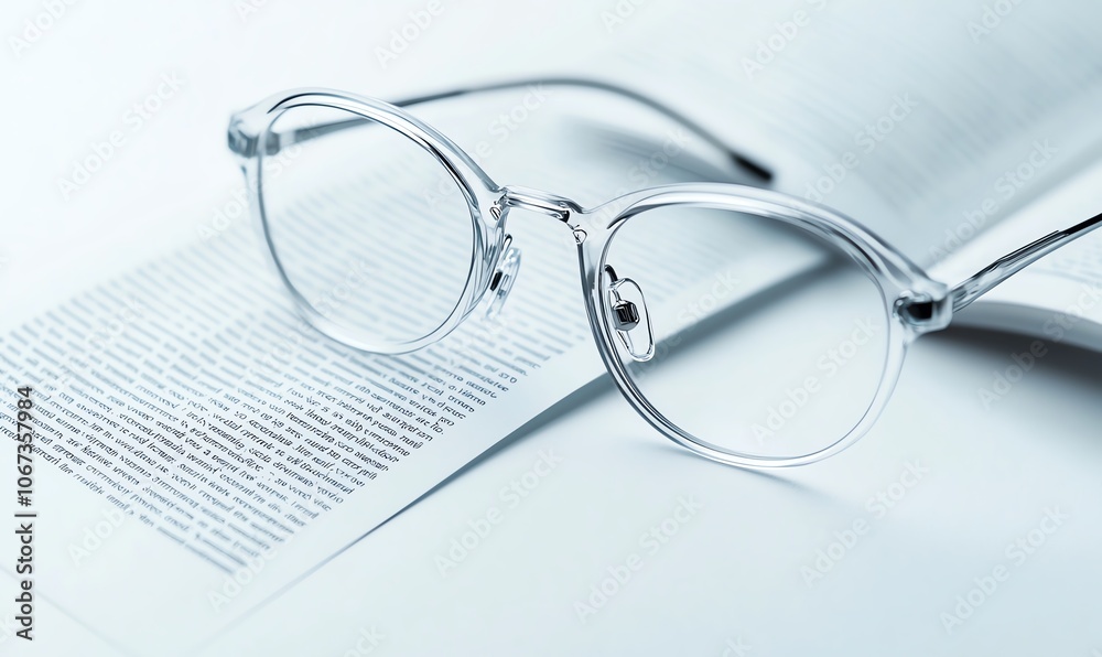 Close-up of stylish clear reading glasses resting on an open book, emphasizing clarity and focus, ideal for showcasing reading or studying themes. Close-up of stylish clear reading glasses resting on an open book, emphasizing clarity and focus, ideal for showcasing reading or studying themes.