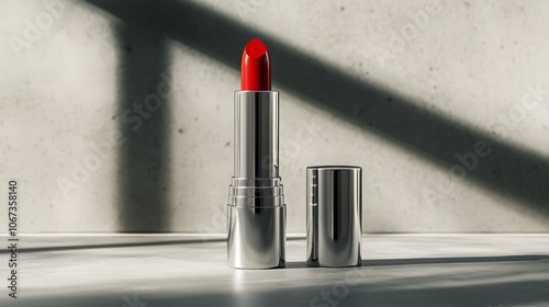 Elegant red lipstick resting on a sleek gray table, showcasing luxury and beauty against a smooth gray backdrop. photo