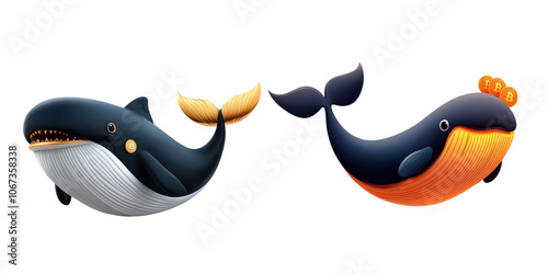 Cartoon whales with bitcoin symbols for financial themes photo