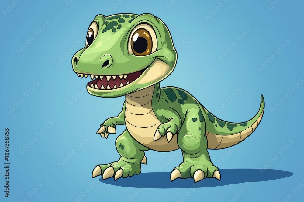 Fototapeta premium Cute green baby t-rex dinosaur smiling and walking
