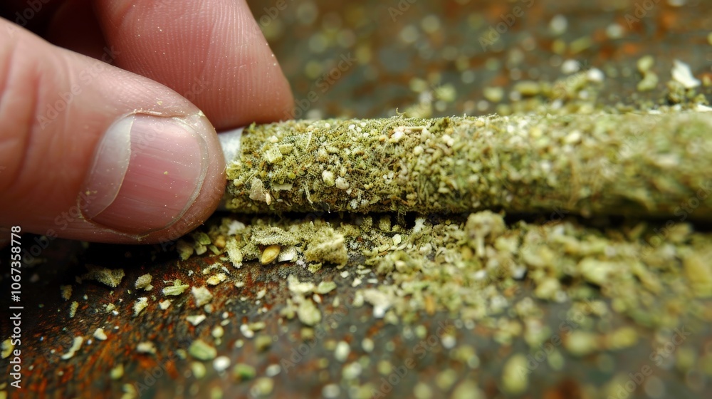 Close-up of a hand rolling a marijuana joint with ground cannabis Close-up of a hand rolling a marijuana joint with ground cannabis