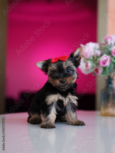 Yorkshire Terrier Puppy Sitting on a white table on purple background. Cute domestic pets