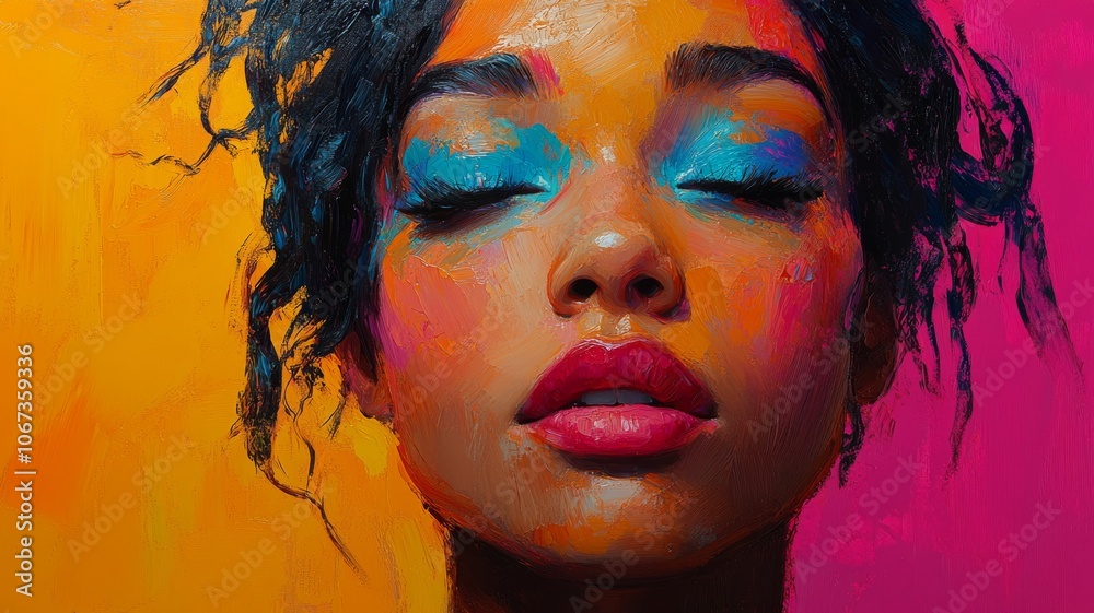 A vibrant portrait of a woman created with visible, thick brushstrokes in bright colors like turquoise, magenta, and orange A vibrant portrait of a woman created with visible, thick brushstrokes in bright colors like turquoise, magenta, and orange