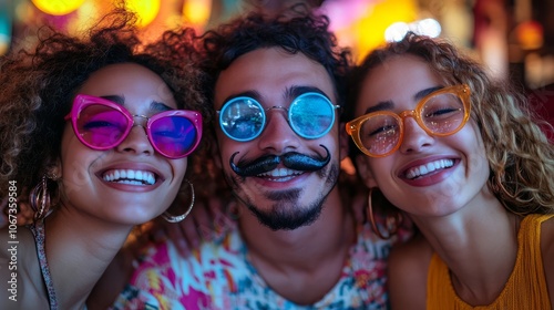 Joyful Friends Celebrating with Fun Mustaches, Friends Smiling Together in Colorful Sunglasses