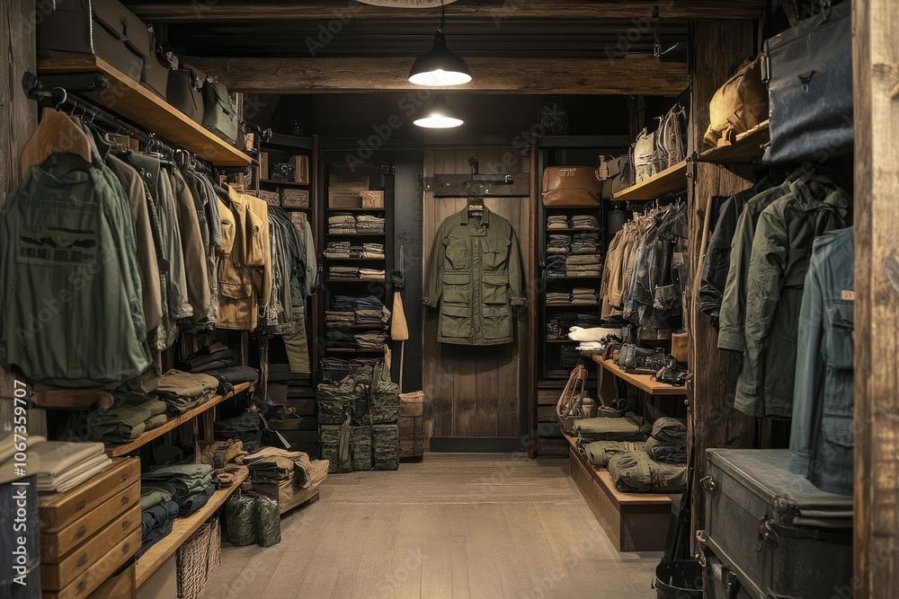 Clothing store displaying jackets, shirts, and pants in rustic setting Clothing store displaying jackets, shirts, and pants in rustic setting