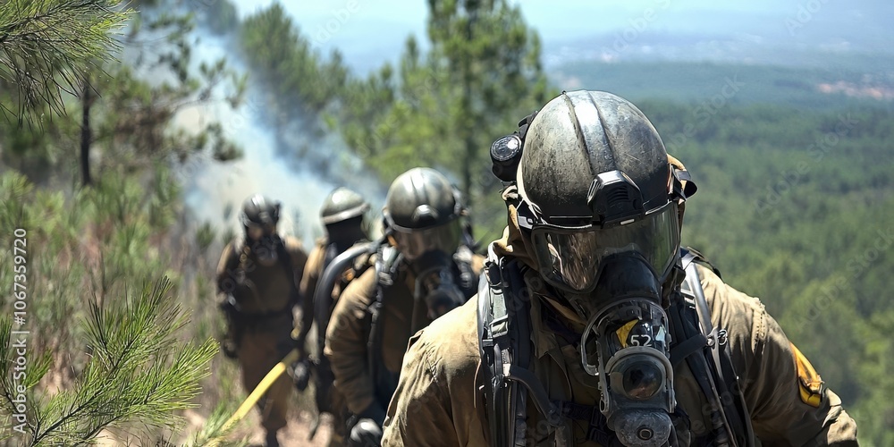 Fototapeta premium Firefighters equipped with protective gear battle wildfires in a rugged terrain, showcasing their dedication and bravery in combating nature's fury.