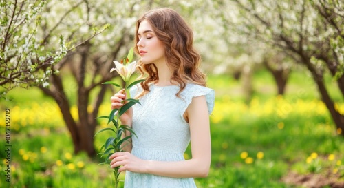 Woman in blue dress enjoying spring bloom in a flowering orchard