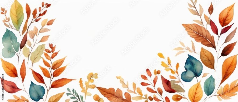 A stunning watercolor illustration of autumn leaves creating a colorful border. Perfect for seasonal projects, invitations, and artistic backgrounds with a fall theme. A stunning watercolor illustration of autumn leaves creating a colorful border. Perfect for seasonal projects, invitations, and artistic backgrounds with a fall theme.