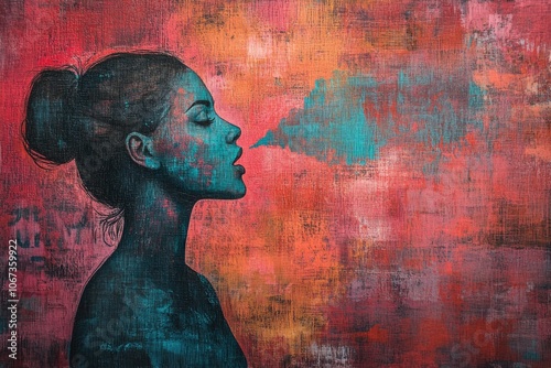 Woman exhaling turquoise smoke on colorful textured background