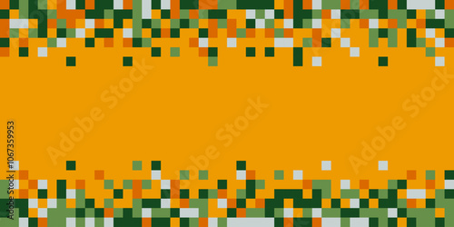Abstract orange background with pixelated pattern of green, white, orange and yellow squares.