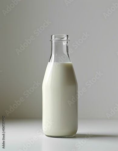 Classic glass milk bottle in minimalist style with fresh white milk against light gray background with copy space