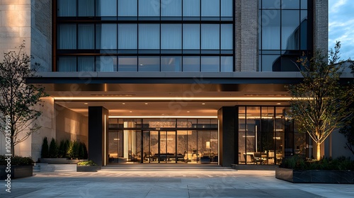 Modern Hotel Facade with Minimalist Design, Showcasing Tall Windows and a Chic Lobby Entrance