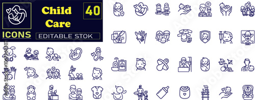 Child care line web icons. international children day, kid rights, parenthood.