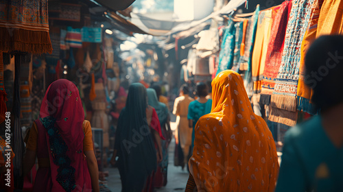 A Colorful Market Scene Featuring Culturally Diverse Traditional Clothing and Intricate Weaving Techniques