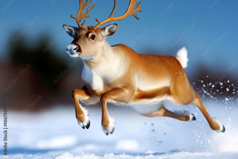 A reindeer leaping gracefully across a snow-covered field with snow kicked up behind it A reindeer leaping gracefully across a snow-covered field with snow kicked up behind it