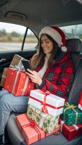 Young woman dressed for the holidays drives in car on back seat with beautifully wrapped Christmas presents and using phone. In anticipation of the winter holidays, preparation and shopping concept photo