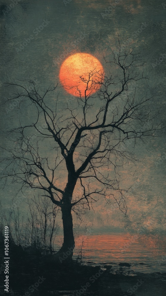 Bare tree silhouette against a radiant sun, creating a striking contrast in a serene sky, evoking a sense of tranquility and introspection. Bare tree silhouette against a radiant sun, creating a striking contrast in a serene sky, evoking a sense of tranquility and introspection.