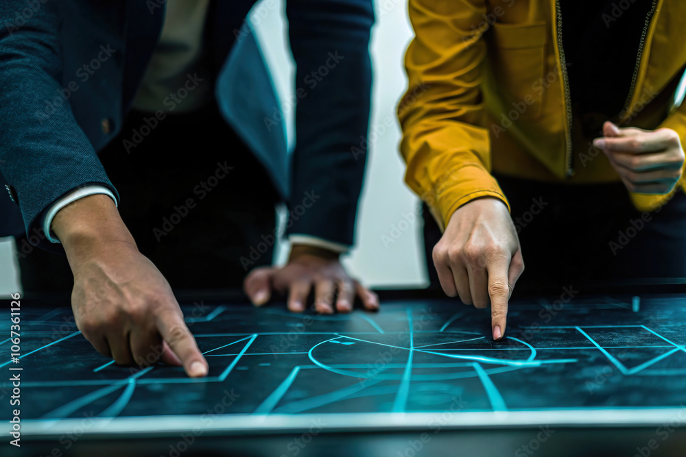 Hands Pointing at Project Strategy on Digital Board