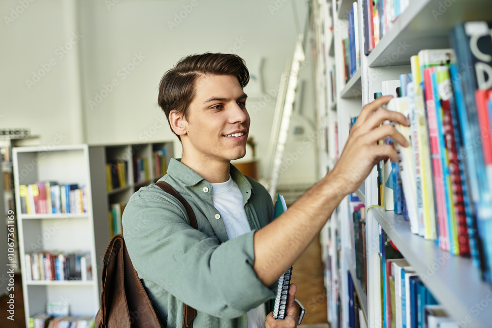 A dedicated student browses through bookshelves in a lively library, focused on his studies. A dedicated student browses through bookshelves in a lively library, focused on his studies.