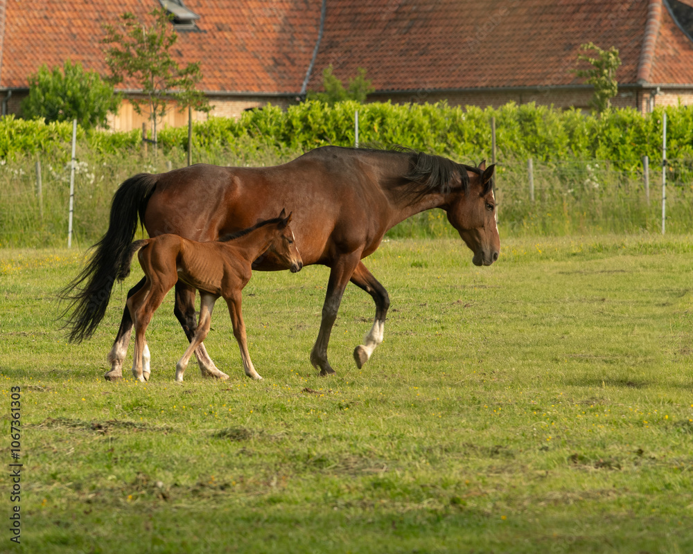 Belgian warm blood mare with newborn foal out in the meadow Belgian warm blood mare with newborn foal out in the meadow