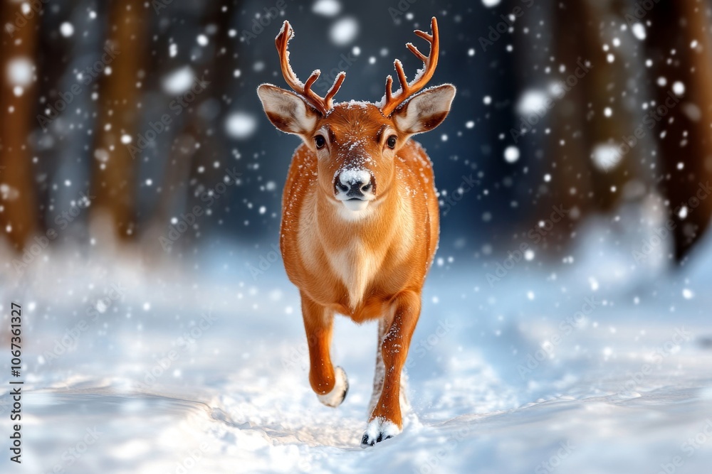A reindeer walking down a snow-covered trail with large snowflakes falling around it A reindeer walking down a snow-covered trail with large snowflakes falling around it