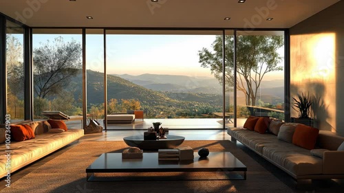 A modern living room with large windows showcasing a scenic view of rolling hills and trees at sunset