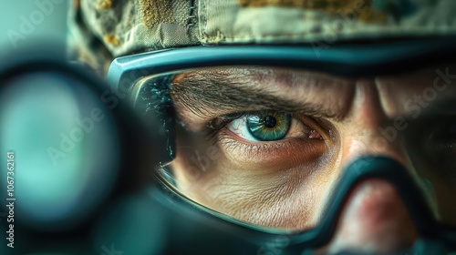 Closeup of a shooter s focused eye through protective glasses photo