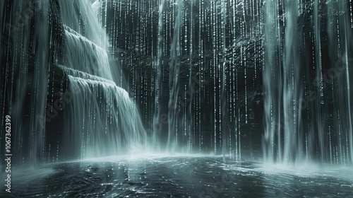 Binary code waterfall cascading into a digital abyss