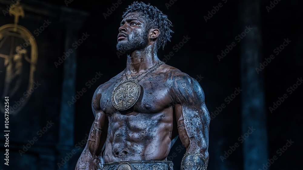 A muscular man stands confidently, showcasing strength and determination. A muscular man stands confidently, showcasing strength and determination.