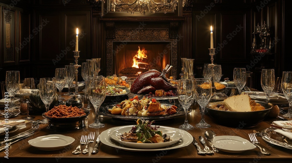 A lavish banquet table with fine dining settings and gourmet dishes A lavish banquet table with fine dining settings and gourmet dishes