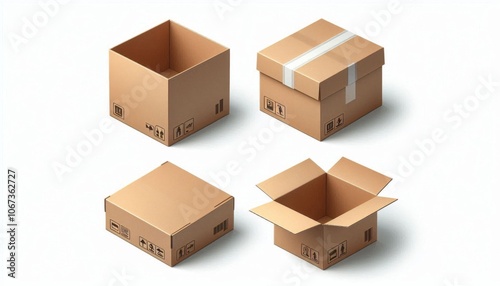 cardboard box Realistic mockup side, front and top, open and closed, isolated on white background. Parcel packaging template illustration