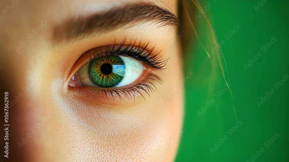 Close up of a young woman repeatedly opening and closing her green eye against a green screen background, showcasing natural beauty and healthy skin in a studio setting