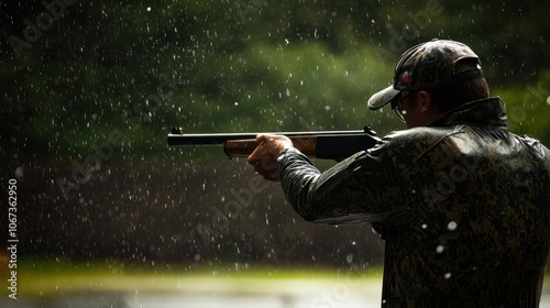 A shooter aiming in light rain during a tournament photo