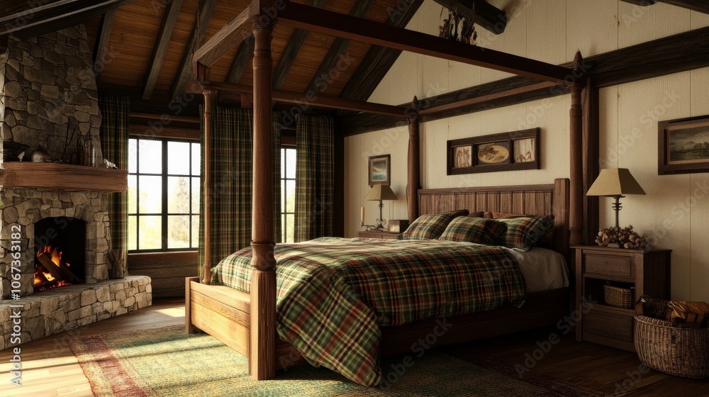 Cozy Cabin Bedroom with Fireplace. Cozy Cabin Bedroom with Fireplace.