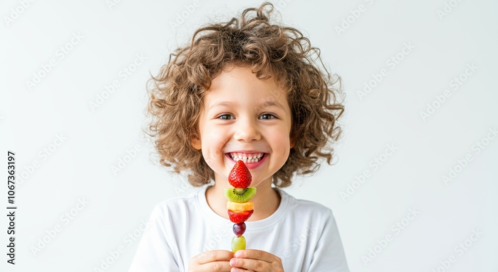 Joyful child enjoying fresh fruit skewer on a bright summer day Joyful child enjoying fresh fruit skewer on a bright summer day