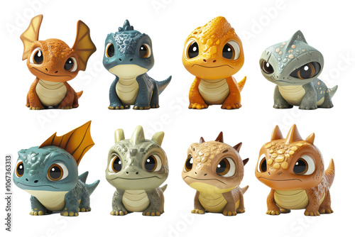 Cute Baby Dragon Toys Set  Adorable Fantasy Creature Figurines  3D Rendered Dragon Charact , for design element, transparent background or isolated on white