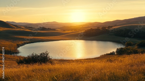 A serene sunset over a tranquil lake surrounded by rolling hills and golden grass.