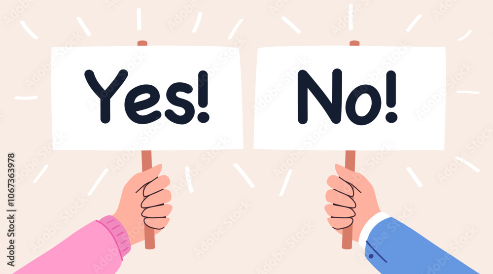 Fototapeta premium Yes No banner in human hand cartoon illustration for dilemma, choice hesitate, test question, dispute, opposition, opponent view. vector
