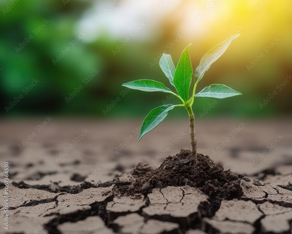 Closeup of cracked earth with sprouting plant, high detail, contrast of dry and green, resilience of life in arid land Closeup of cracked earth with sprouting plant, high detail, contrast of dry and green, resilience of life in arid land