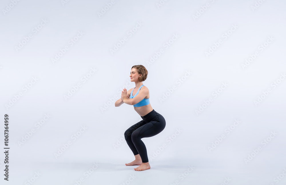 Full body length gaiety shot athletic and sporty woman doing healthy and meditative yoga exercise workout posture on isolated background. Healthy active and body care lifestyle Full body length gaiety shot athletic and sporty woman doing healthy and meditative yoga exercise workout posture on isolated background. Healthy active and body care lifestyle