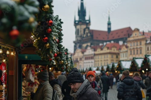 Bustling European Christmas Market at Twilight with Colorful Stalls and Fairy Lights Against Historic Architecture