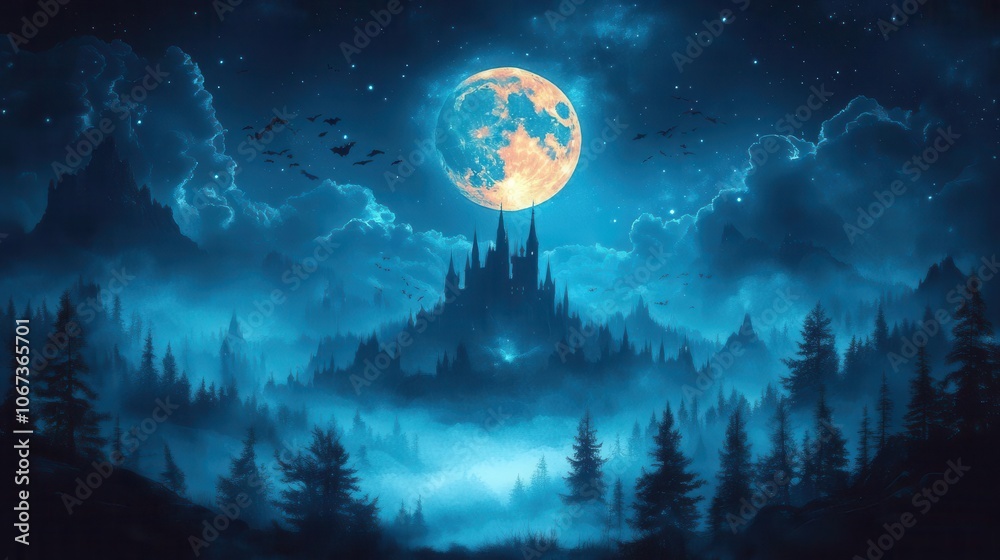 Naklejka premium spooky halloween scene featuring a towering dark castle silhouetted against a haunted moonlit sky with eerie bats flying around and swirling mist covering the ground