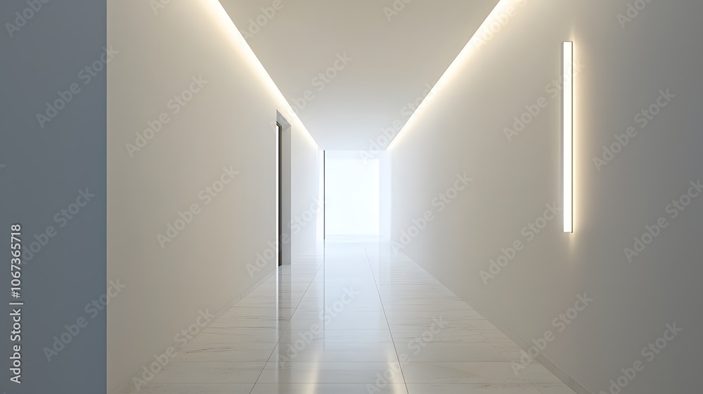 Modern Linear Wall Sconce in a Minimalist Hallway Bright White Light Highlighting the Clean Lines Modern Linear Wall Sconce in a Minimalist Hallway Bright White Light Highlighting the Clean Lines