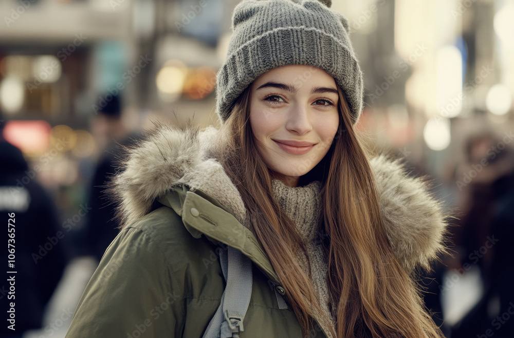 A beautiful young woman with long hair, dressed in an olive green parka jacket and a gray hat, walks through the city center in winter, smiling at the camera